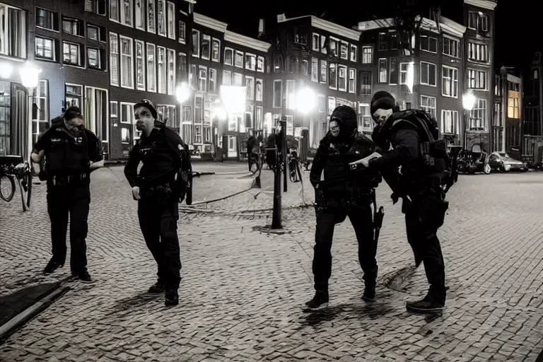 Prompt: photography of a hacker being arrested in amsterdam at night