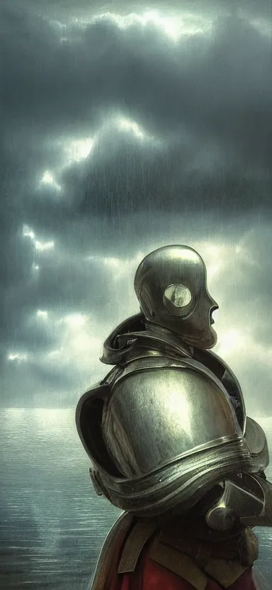 Prompt: suit of armor made of liquid, water armor, norway fjord, medium close up portrait, hudson river school, max rive, water armor, studio lighting, stormy seas, beautiful, bokeh, snowy, storm clouds, god rays, d & d, fantasy, elegant, low key color palette, concept art, roger deakins and greg rutkowski and alphonse mucha