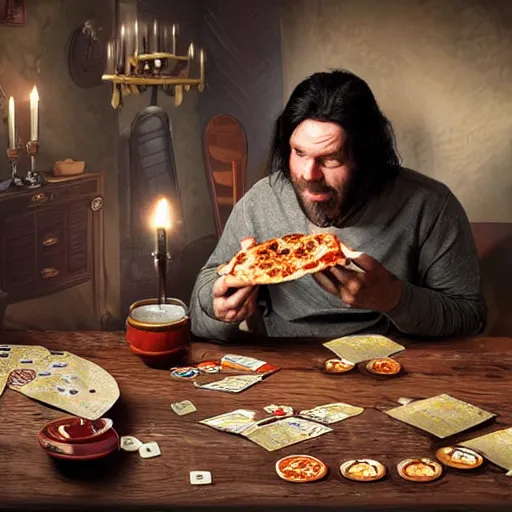 Prompt: a grumpy danish man with long black hair eating pizza while DMing an AD&D game, D&D, rogue, dark hair, skinny, middle aged, D&D dice on table, papers on table, character sheets on table, natural lighting, black hair, dark hair