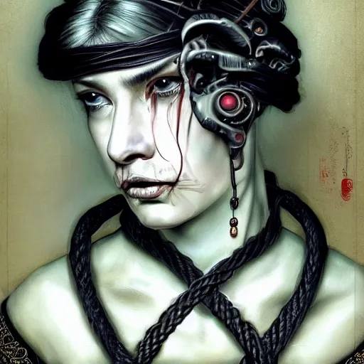 Image similar to portrait of a Shibari rope wrapped face and neck, headshot, insanely nice professional hair style, dramatic hair color, digital painting, of a old 15th century, old cyborg merchant, amber jewels, baroque, ornate clothing, scifi, realistic, hyperdetailed, chiaroscuro, concept art, art by Franz Hals and Jon Foster and Ayami Kojima and Amano and Karol Bak,