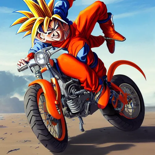 Prompt: Goku dressed as a motorcyclist, by Stanley Artgerm Lau, WLOP, Rossdraws, James Jean, Andrei Riabovitchev, Marc Simonetti, Yoshitaka Amano, ArtStation, CGSociety,