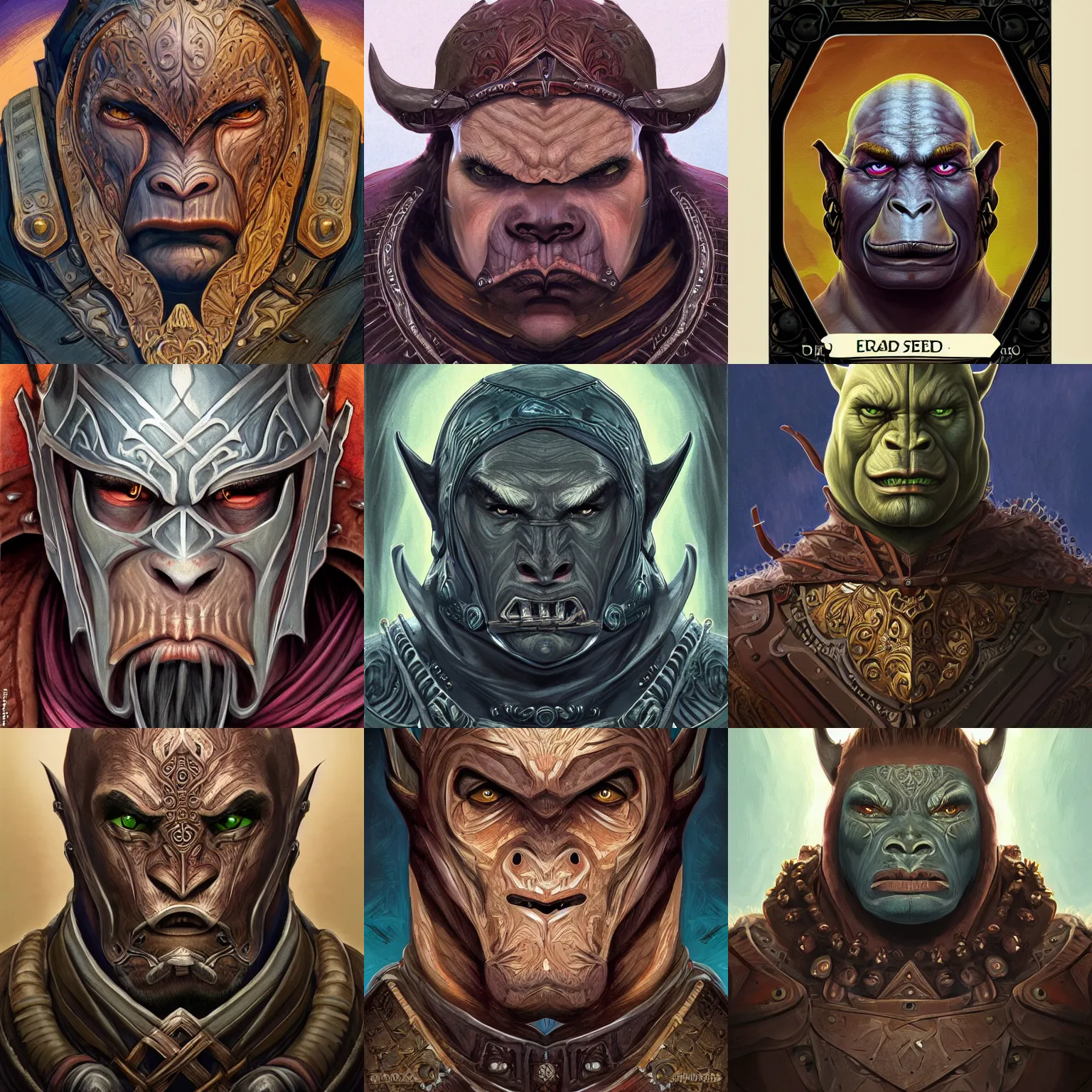 Prompt: head-on symmetrical centered painted portrait, D&D male orc rogue, leather armour, art nouveau, fractal tarot card style, masterpiece, fantasy, intricate, elegant, highly detailed, smooth, sharp focus, illustration, artstation, in the style of Artgerm and Anna Podedworna and Alex Ross and Mucha