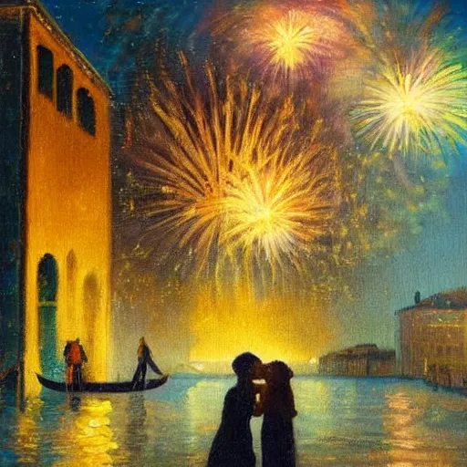 Image similar to an oil painting of couple kissing, in a background fireworks in venice