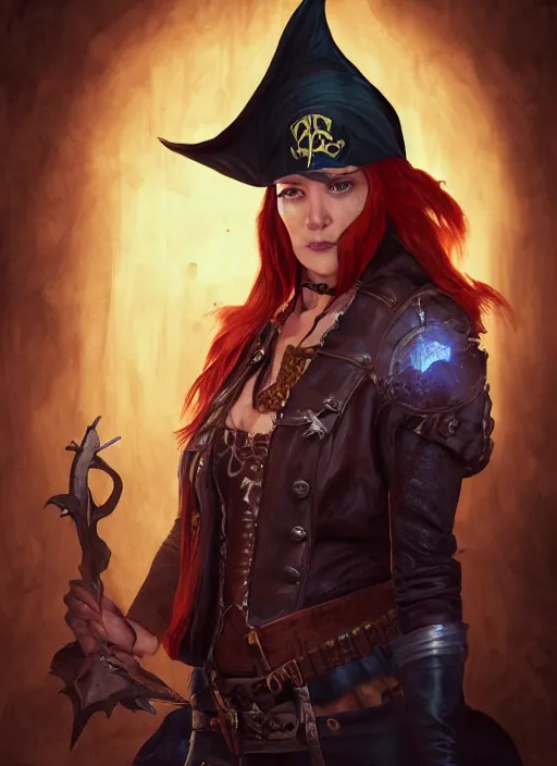 Prompt: A fantasy comic book style portrait painting of a 30 year old female as a pirate wizard in a atmospheric dark fortress, unreal 5, DAZ, hyperrealistic, octane render, RPG portrait, ambient light, dynamic lighting, tribal tattoo, eye patch, red head, witch, sorcerer
