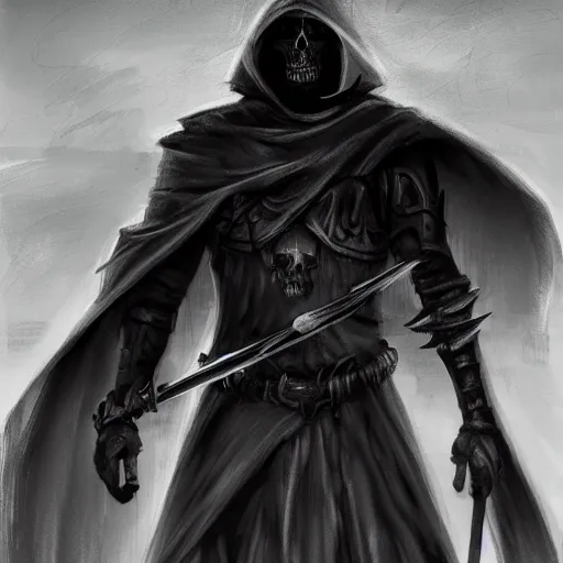 Image similar to a man with a skull head in a grey cloak holding his black spear up to the sky, concept art, Digital art