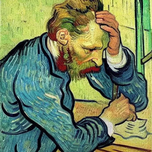 Prompt: vincent van gogh painting vincent van gogh cutting off vincent van gogh's ear, by vincent van gogh