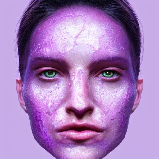 Image similar to face with lines of purple goo hyperrealistic portrait, photo realistic, poster, artstation, volumetric lighting, digital art, very detailed face by magali villeneuve