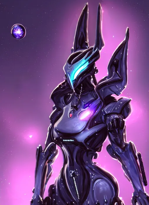Prompt: detailed cinematic shot, cosmic sized perfectly proportioned stunning beautiful hot female warframe, detailed robot mecha female dragon head, metal ears led eyes, silver armor, fuschia leds, floating in empty space, nebula sized, holding a planet, epic proportions, epic size, epic scale, furry art, dragon art, giantess art, warframe fanart, furaffinity, deviantart
