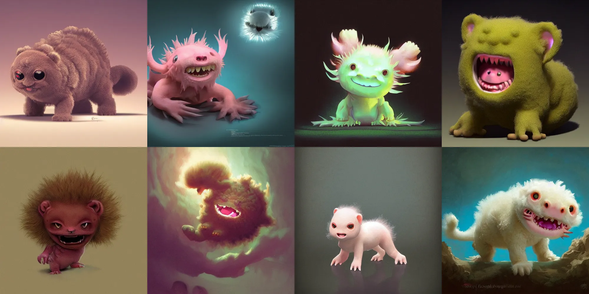 Prompt: cute! fluffy baby lion axolotl, fury, SSS, wrinkles, grin, rimlight, dancing, fighting, bioluminescent screaming pictoplasma characterdesign toydesign toy monster creature, artstation, cg society, by greg rutkowski, by William-Adolphe Bouguereau, by zdzisław beksiński, by Peter mohrbacher, by nate hallinan, 8k