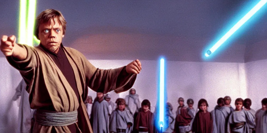 Prompt: A full color still of Mark Hamill as Jedi Master Luke Skywalker training a diverse room full of young Jedi padawans, with large windows showing a sci-fi city outside, at dusk at golden hour, from Star Wars, directed by Steven Spielberg, 1994