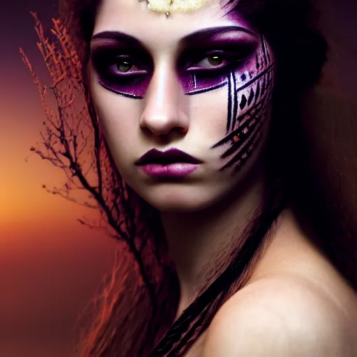 Prompt: photographic portrait of a stunningly beautiful renaissance female with tribal emo makeup in soft dreamy light at sunset, contemporary fashion shoot, by edward robert hughes, annie leibovitz and steve mccurry, david lazar, jimmy nelsson, breathtaking, 8 k resolution, extremely detailed, beautiful, establishing shot, artistic, hyperrealistic, beautiful face, octane render