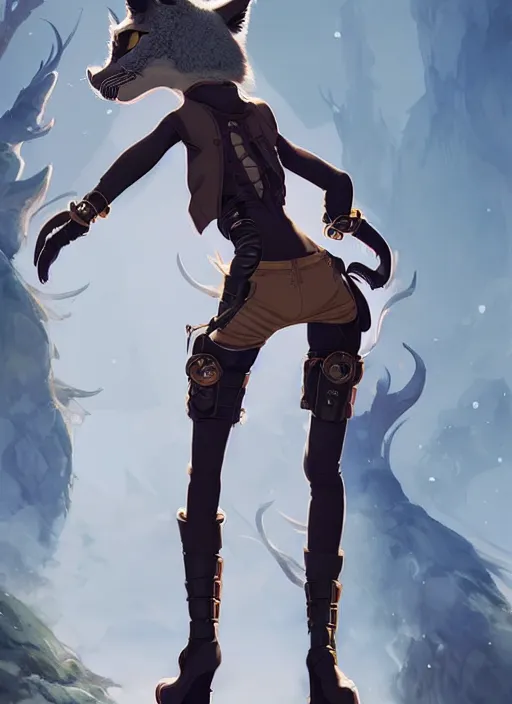 Image similar to wide angle beautiful full body portrait of a strong female anthropomorphic anthro lynx fursona wearing a steampunk leather pants. from behind, character design by disney, anime, manga, charlie bowater, ross tran, artgerm, and makoto shinkai, detailed, soft lighting, rendered in octane, white fur