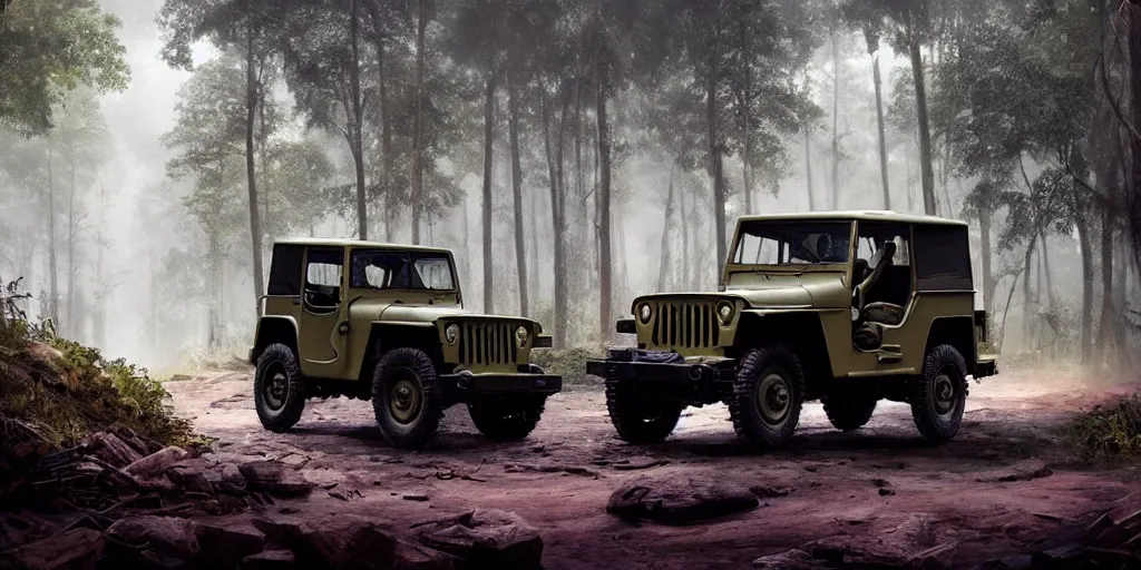 Prompt: willys jeep, in kerala forest road in 1921, chasing action scene, an epic fantasy, dramatic lighting, cinematic, establishing shot, extremely high detail, photorealistic, cinematic lighting, matte painting, artstation, by simon stalenhag, shadow of the tomb rider