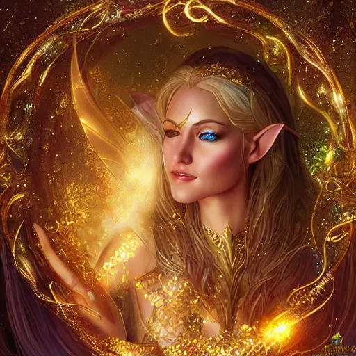 Image similar to an elven woman offering golden glitter magic that is floating into a gateway to the dream dimension, fantasy, art station, artgerm