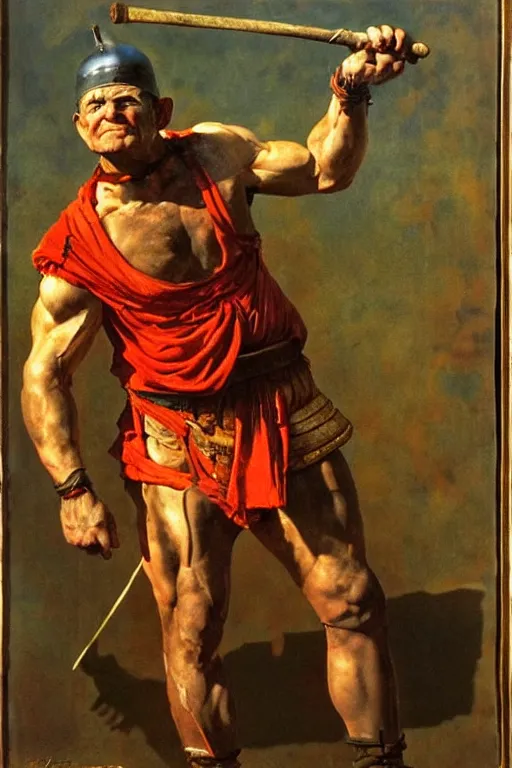 Image similar to popeye as a gladiator in ancient rome, masterpiece, dramatic light and shadow, saturated colors, ciaroscuro. painted by norman rockwell