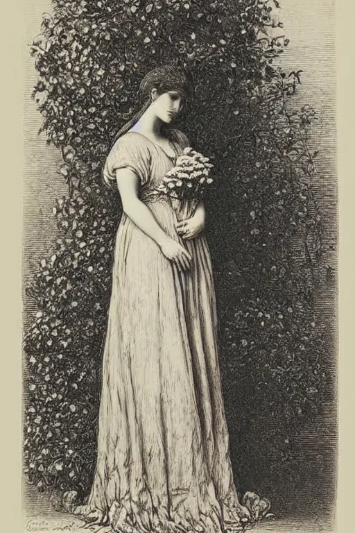 Image similar to black and white, woman in flowers, Gustave Dore lithography