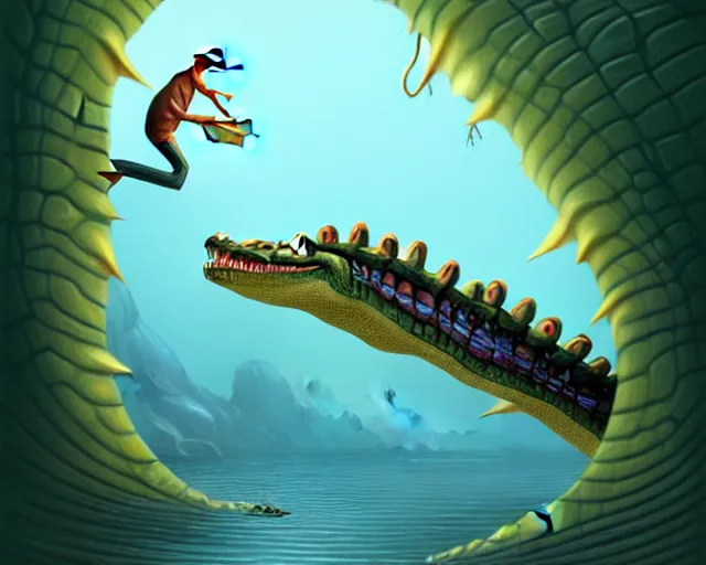 Image similar to a crocodile surfing on a longboard, tube wave, funny cartoonish, by gediminas pranckevicius h 7 0 4 and greg rutkowski, humanoid crocodile, 8 k cartoon illustration, impressive perspective, trending on artstation