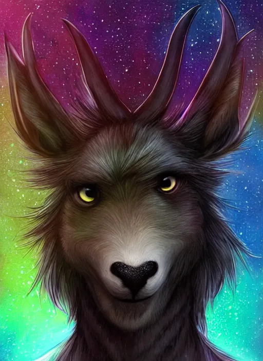 Prompt: award winning beautiful portrait commission of a male furry anthro Black Reindeer fursona with a tail, wings and a cute beautiful attractive detailed furry face wearing stylish black and rainbow galaxy clothes in a outerspace city at night while it rains. Character design by charlie bowater, ross tran, artgerm, and makoto shinkai, detailed, inked, western comic book art