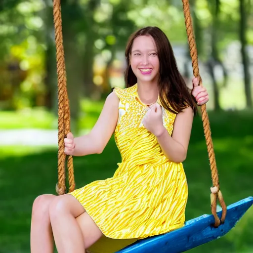 Prompt: a detailed portrait of a real cute girl on swing, wearing a yellow dress, smiling coy, award winning hd photo