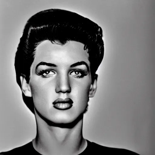 Prompt: a person who is a genetic combination of elvis presley and marilyn monroe, face and upper - body focus, detailed eyes, androgynous, photograph taken in 1 9 5 5, award winning photograph