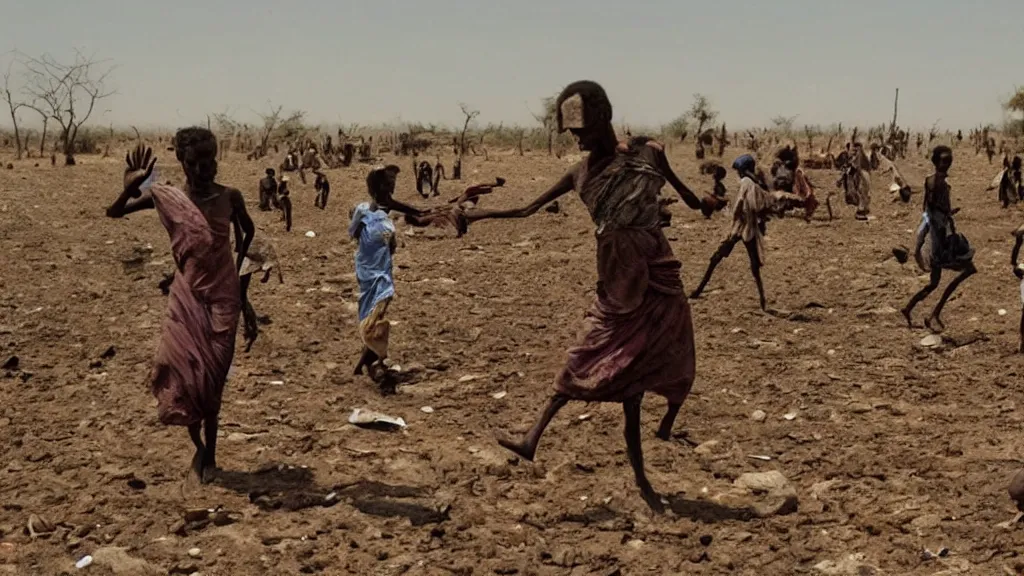 Prompt: 1984 Ethiopian famine and drought, movie scene, illustrative, hd, 4k, wide shot