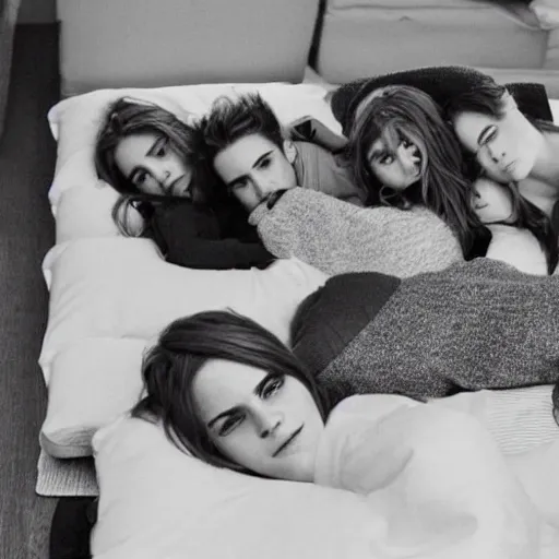 Image similar to emma watson and her friends sleeping in a bunch of cozy beds