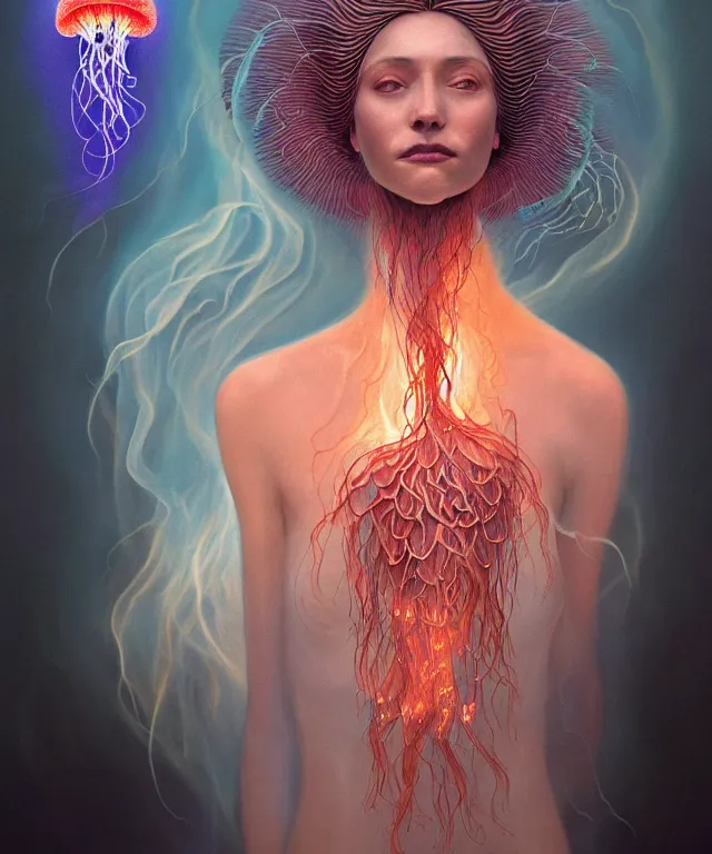 Image similar to portrait of a goddess of death with (reaction diffusion) scaled fish skin Bioluminescent phoenix jellyfish, burning phoenix halo, Her breath shot a haze of steam out into the frosty morning air concept, soft light, soft mood, realistic body features and face, illustration,intricate ornament halo, painting oil on canvas by Elena Zhurikhina and Goro Fujita and Charlie Bowater, octane render trending on artstation, 4k, 8k, HD