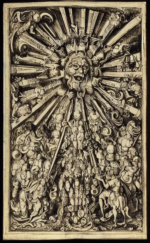 Image similar to an extremely detailed manuscript depicting a monstrous image of the god apollo transforming into a stylized sun, medieval, renaissance, manuscript, woodcut, in the style of albrecht durer, alchemical symbols