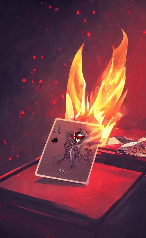 Image similar to a king of diamonds card on fire, with black and red paint in the back ground, ambient lighting, atmospherical, stunning visuals, cinematic, dynamic lighting, photorealistic fantasy concept art, trending on art station, ultra detailed