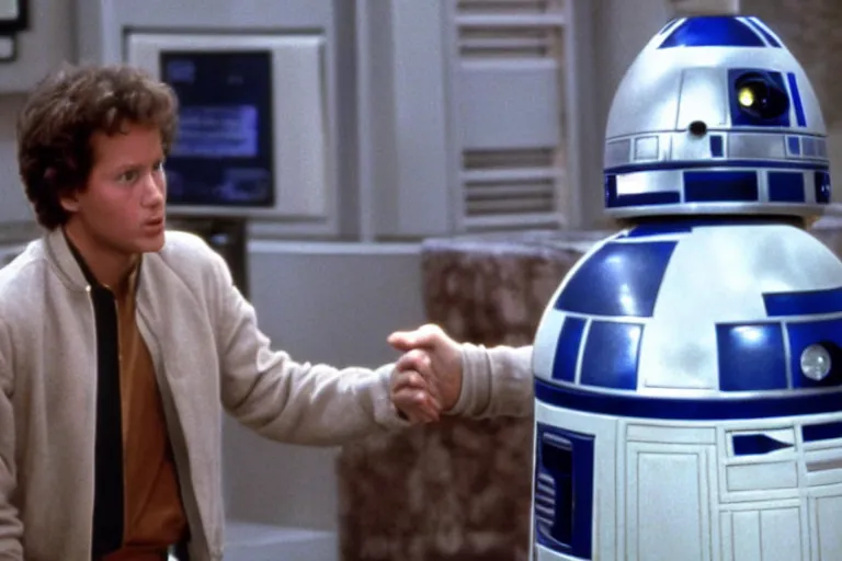 Prompt: a movie still from the 1989 romcom movie when Harry Met R2D2 starring Billy Crystal