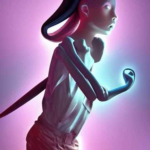 Image similar to born again christian tiktok influencer jumping and talking about how aliens are real only if you eat crayons because they see the phosphorescence in your boddy, in the style of james jean, artstation trending, 8 k, 3 d render, photorealistic, volumetric lighting caustics, pink