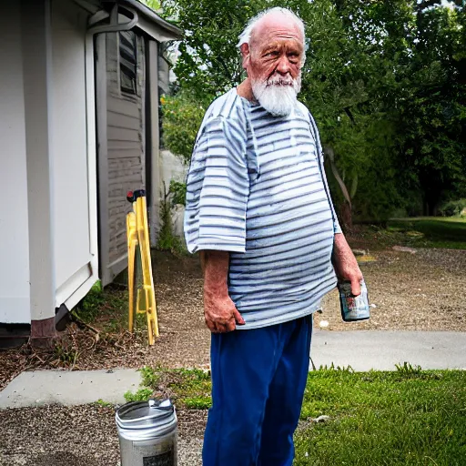 Prompt: realistic photograph of an old man showing up at his neighbor's house with a can of tuna, taken with canon eos 5 d,