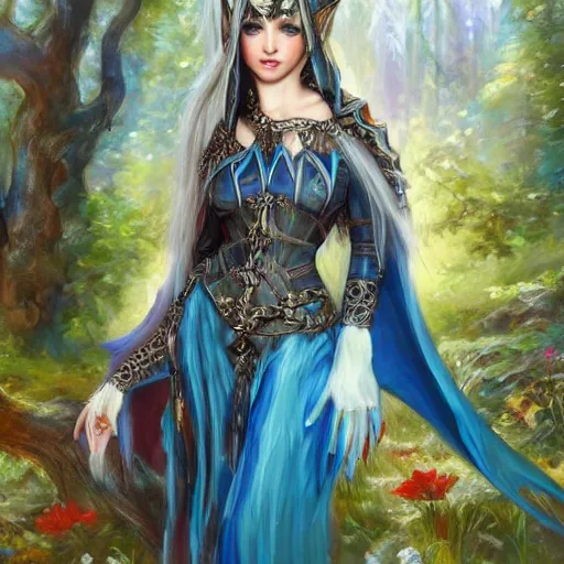Image similar to Gothic elf princess in blue dragon armor on a misterious forest by Konstantin Razumov H 960