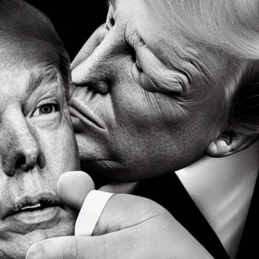 Image similar to a detailed photograph of elon musk kissing donald trump