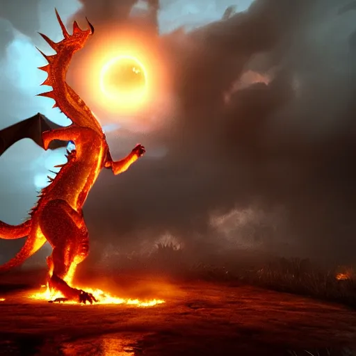 Image similar to you won't believe it, i just saw a huge on fire dragon that is seen guarding the sun infront of it, it is very huge, modernism, digital art, fantasy art, trending on artstation, octane render, 3 d, volumetric lightening, lossless quality