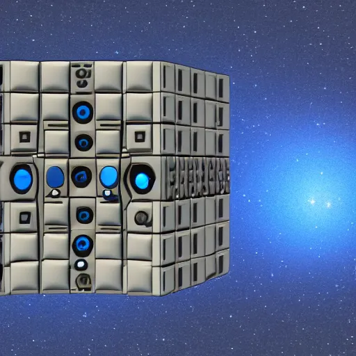 Prompt: a beige cubic space station with black greebles and glowing blue dots