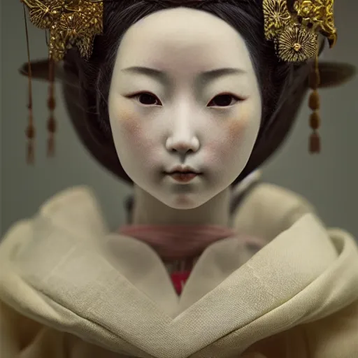Image similar to portrait of a geisha porcelain doll, fractal, intricate, elegant, highly detailed, digital photography, subsurface scattering, by jheronimus bosch and james jean and greg rutkowski,