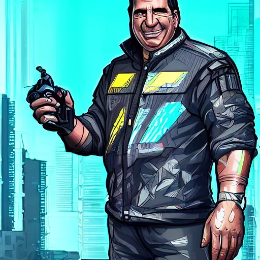 Prompt: cyberpunk phil swift as the leader of a futuristic communist nation, cybernetics, sharp lines, digital, artstation, colored in