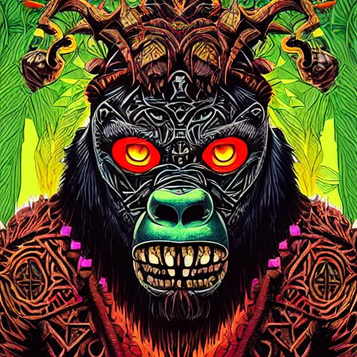 Image similar to barong family member, wiwek, mara demon, one single tribe member, jungle, one single mask, dark, ancient warrior, gorilla, lizard, tribal, inner glow, art by derek riggs and dan mumford and justin gerard