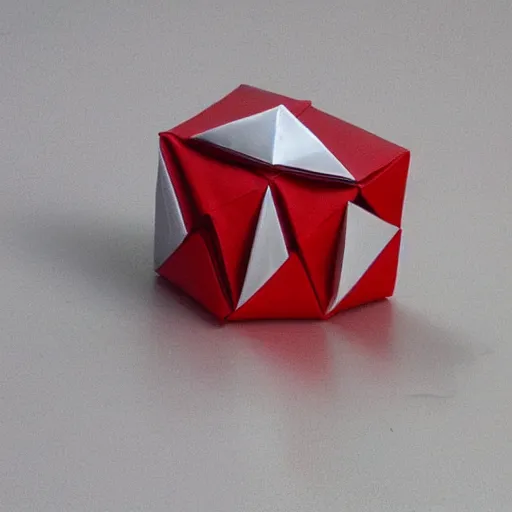 Prompt: chrome spheres on a red cube, origami