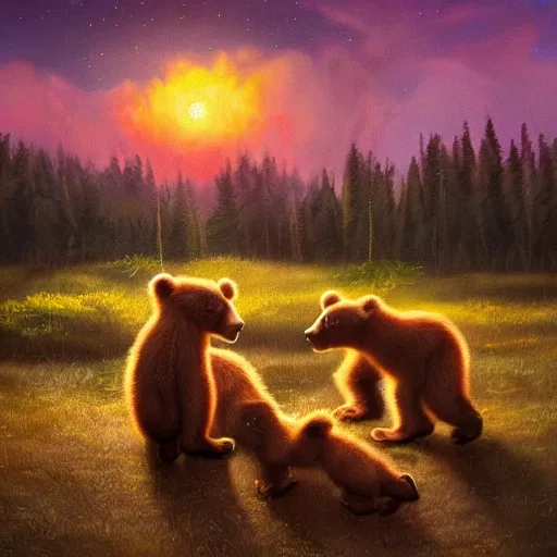 Image similar to a very very beautiful artwork of three bear cubs camping in a tent in the wood, sunset, vivid colors, soft lighting, atmospheric, cinematic, moody, trending on artstation, oil on canvas, 8K