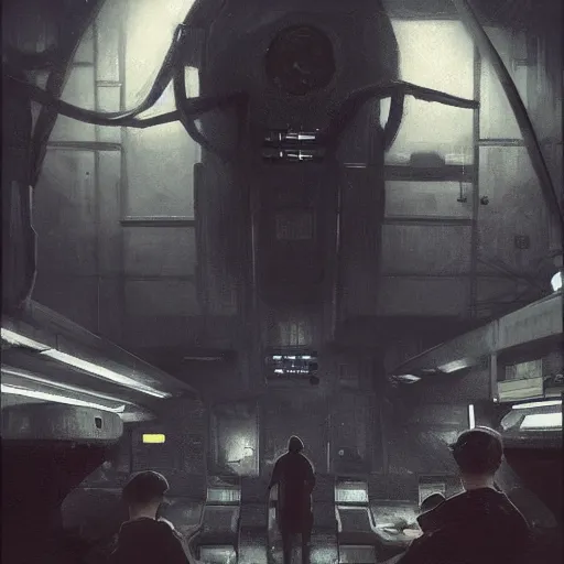 Prompt: concept art by greg rutkowski, a very tall, and slender man with short black hair, sitting with the crew in the ship's flight deck, brutalist futuristic interior, dark lighting atmosphere, detailed portraits, nostalgic atmosphere, scifi, digital painting, artstation, concept art, smooth, sharp foccus ilustration, artstation hq