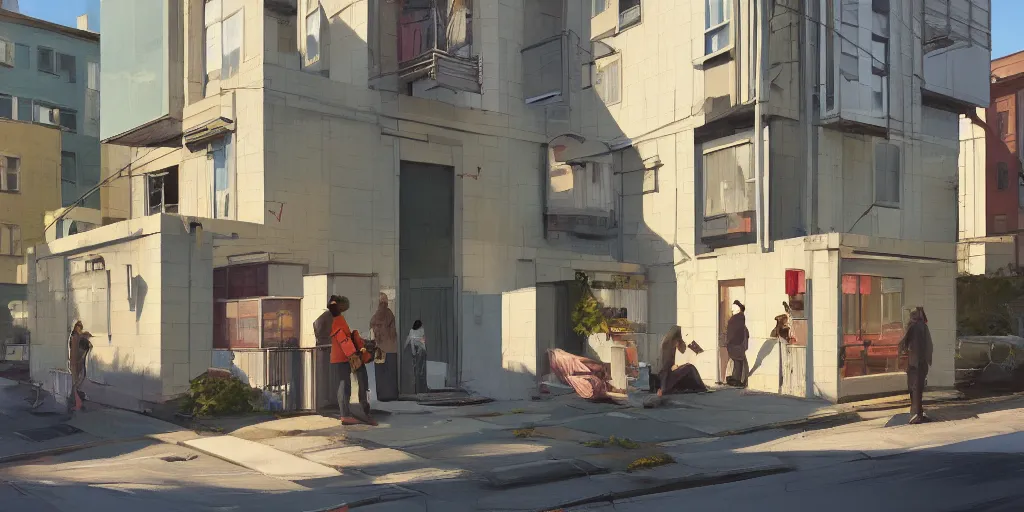 Prompt: empty residential building with owned by bank sign and homeless people outside on a street in a cardboard box on a curb in a modern big city by Craig Mullins, ilya kuvshinov, krenz cushart, artgerm trending on artstation by Edward Hopper and Dan Mumford and WLOP and Rutkovsky, Unreal Engine 5, Lumen, Nanite