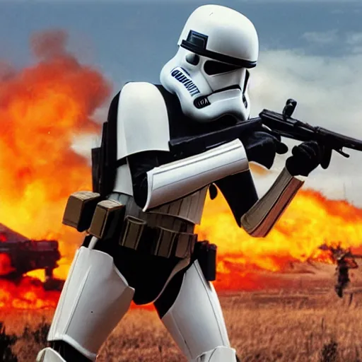 Image similar to star wars clone troopers combat soldiers in vietnam, photo, old picture, lush landscape, jungle, firearms, explosions, helicopters, aerial combat, active battle zone, flamethrower, air support, jedi, land mines, gunfire, violent, star destroyers, star wars lasers, sci - fi, jetpacks, agent orange, bomber planes, smoke, trench warfare