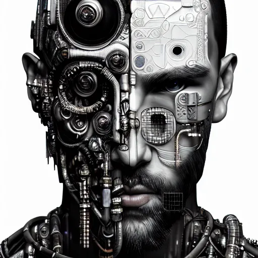 Image similar to ultra realist intricate detailed painting of a single rugged cyborg male, black scales on bearded face and cyborg tech on body, symmetry accurate features, cyberpunk, apocalyptic, very intricate details, focus, high resolution, 4 k, artstyle alex ries and hiraku tanaka, award winning