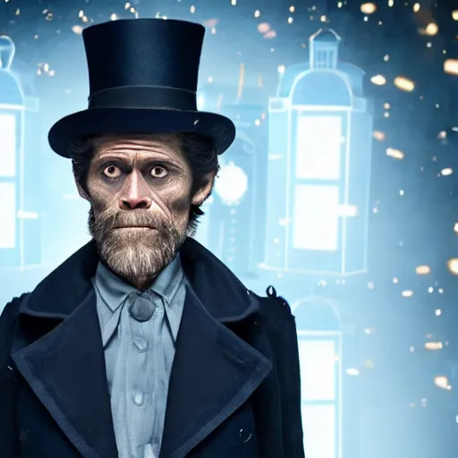 Image similar to willem dafoe as a rough dirty man with a scruffy beard in a dark blue trenchcoat and tophat as the new doctor who, cinematic, volumetric lighting, f 8 aperture, cinematic eastman 5 3 8 4 film, photorealistic