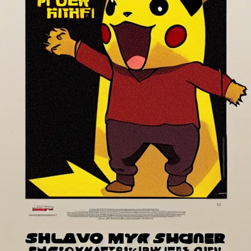 Image similar to a poster of a horror slasher movie starring pikachu