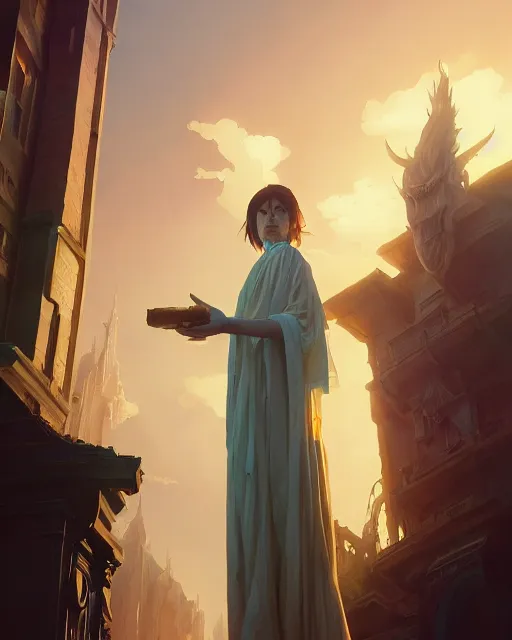 Image similar to highly detailed vfx portrait of a mage casting a time spell, unreal engine, greg rutkowski, loish, rhads, beeple, makoto shinkai and lois van baarle, ilya kuvshinov, rossdraws, tom bagshaw, alphonse mucha, global illumination, detailed and intricate environment