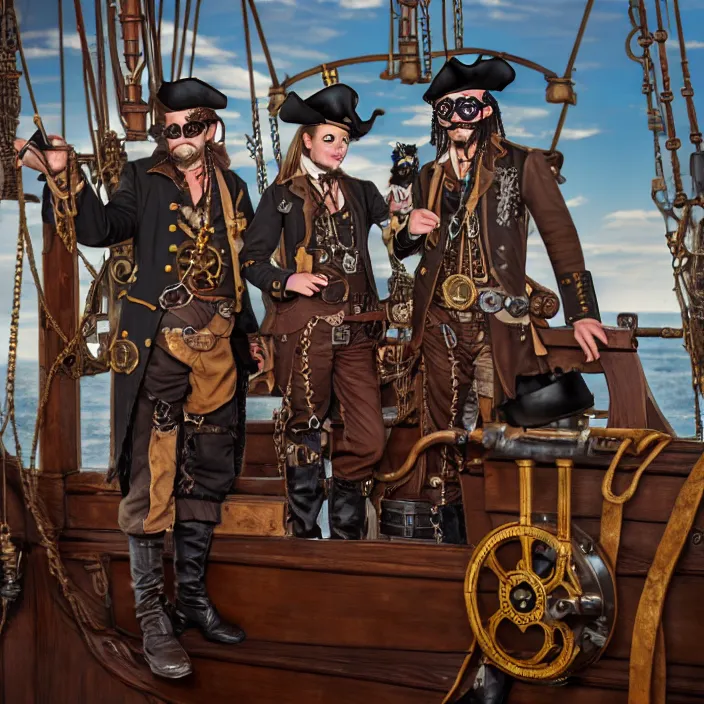 Prompt: full body photograph of steampunk pirates on their ship. Extremely detailed. 8k