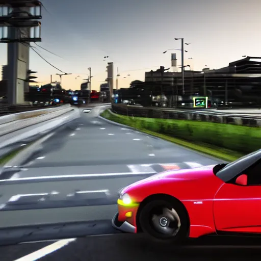 Image similar to still of a toyota supra mk4 on the road in tokyo, action shot, sunset, cgsociety, need for speed heat inspired